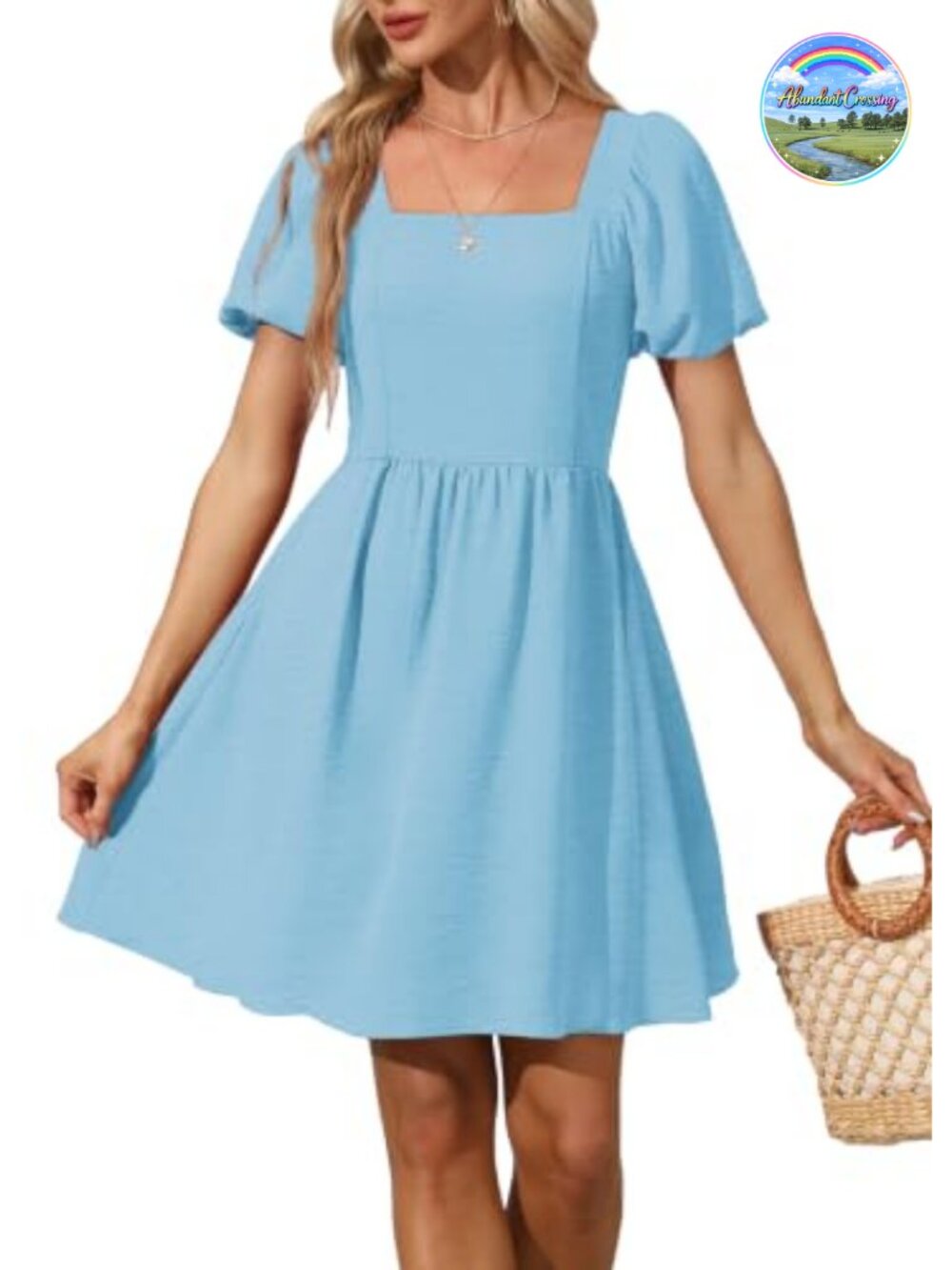 Puff Sleeve Square Neck Tie Back Babydoll Mini Dress with Zipper